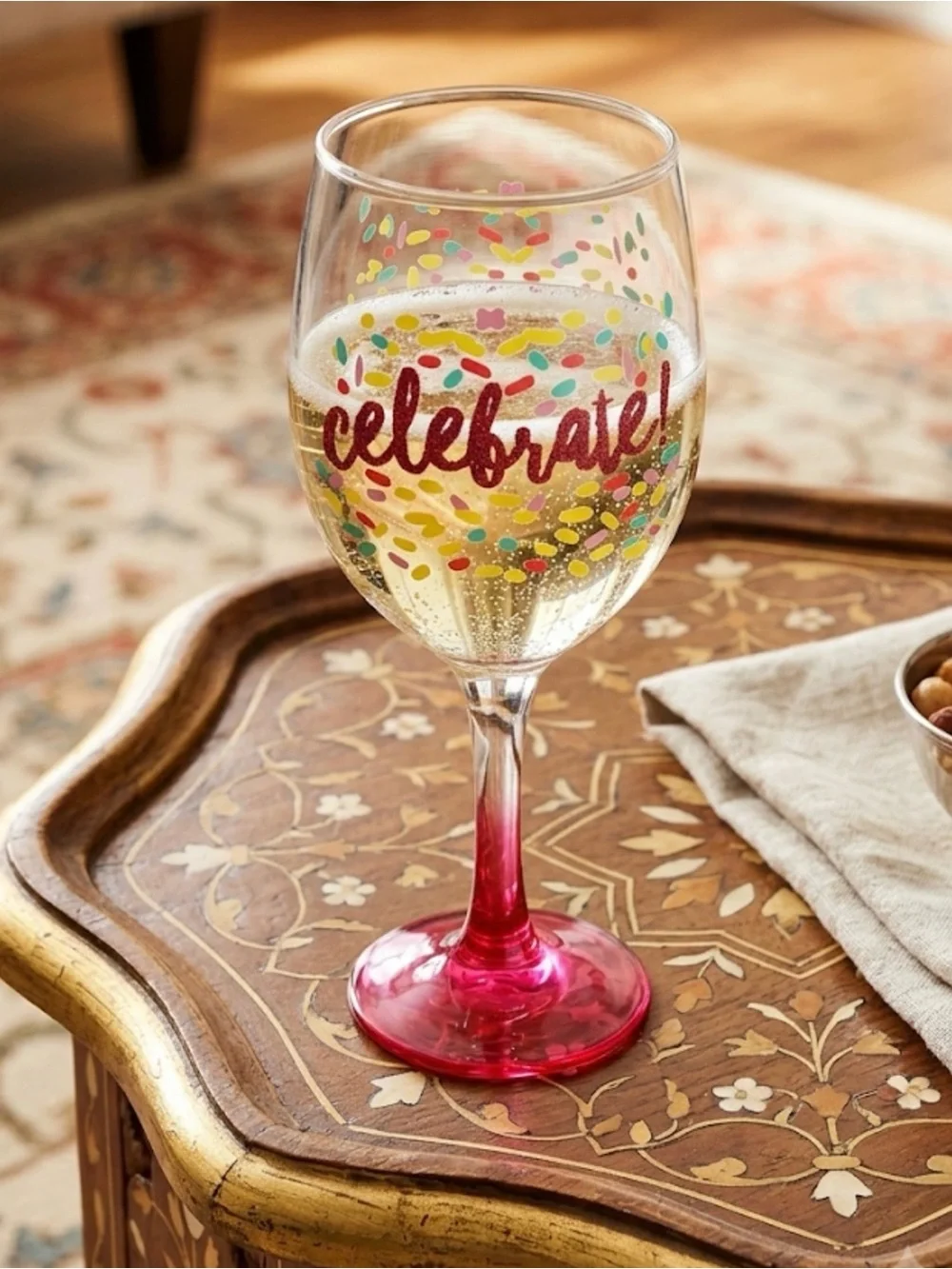 Hand Painted Celebrate Pink Stemmed Wine Glass with colorful Confetti Design